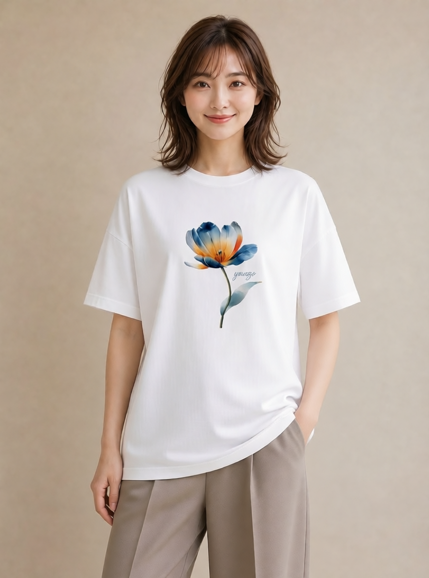 デザインTシャツ レディース ゆり 百合 花 花柄 イラスト アート風 レイヤード 友達ギフト 白T YMAZO