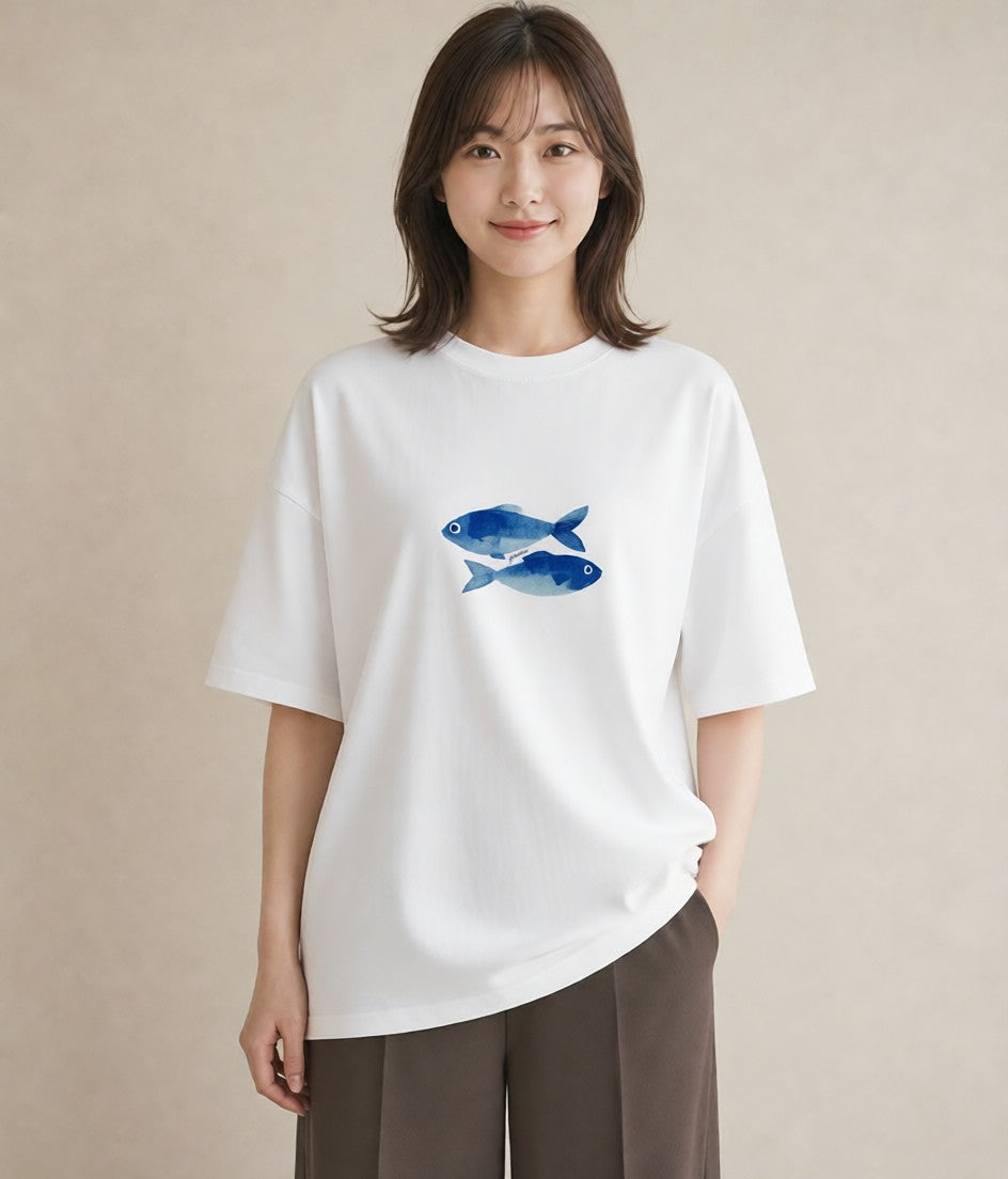 グラフィックTシャツ レディース メダカ ペット 動物 イラスト ラフカジュアル カフェ巡り 女子会 白T YMAZO