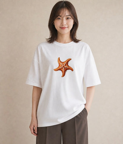 プリントTシャツ レディース ヒトデ 海の生き物 海 イラスト カフェコーデ 敬老の日 ホワイトデー 白T YMAZO
