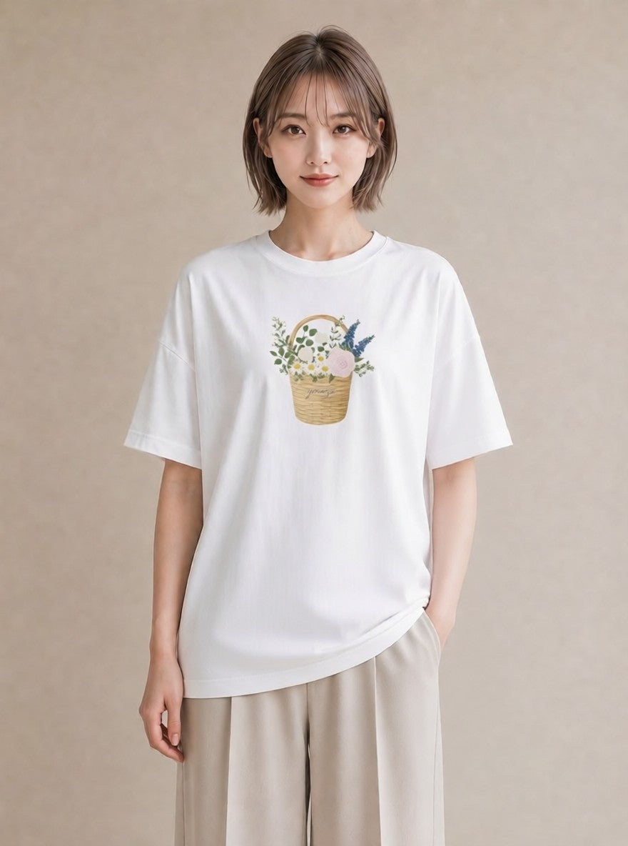 グラフィックTシャツ レディース 自転車のかご 自転車 花かご ナチュラル アンティーク イラスト 旅行 母娘コーデ 白T YMAZO