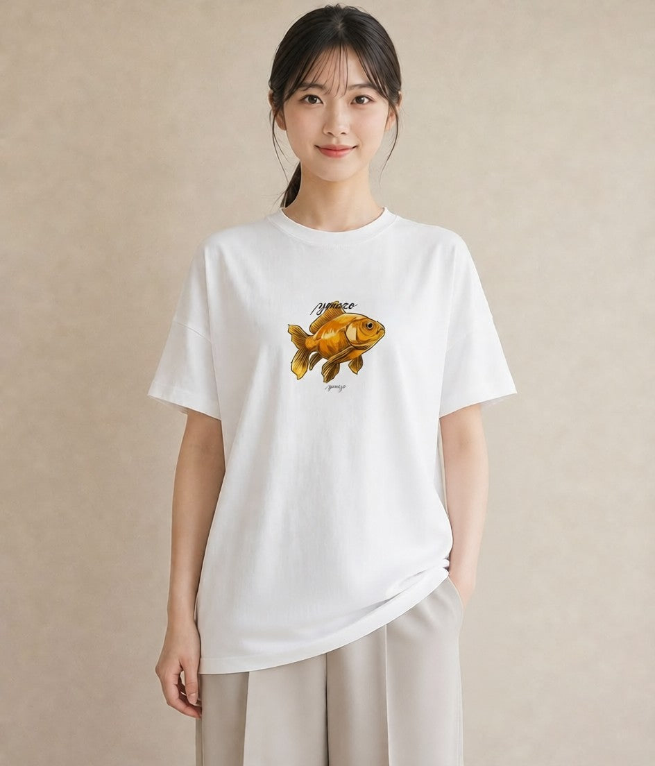 Tシャツ レディース 金魚 ペット 動物 イラスト 休日コーデ ミセス 春コーデ 白T YMAZO