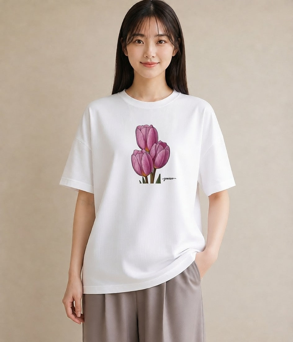 グラフィックTシャツ レディース チューリップ 花 花柄 イラスト シック 友達ギフト 部屋着 白T YMAZO