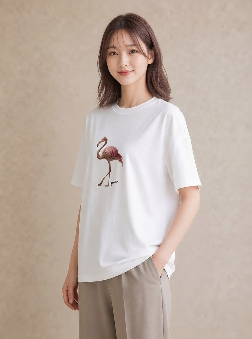 Tシャツ レディース フラミンゴ 動物 アニマル イラスト 抜け感 公園 ママ 白T YMAZO
