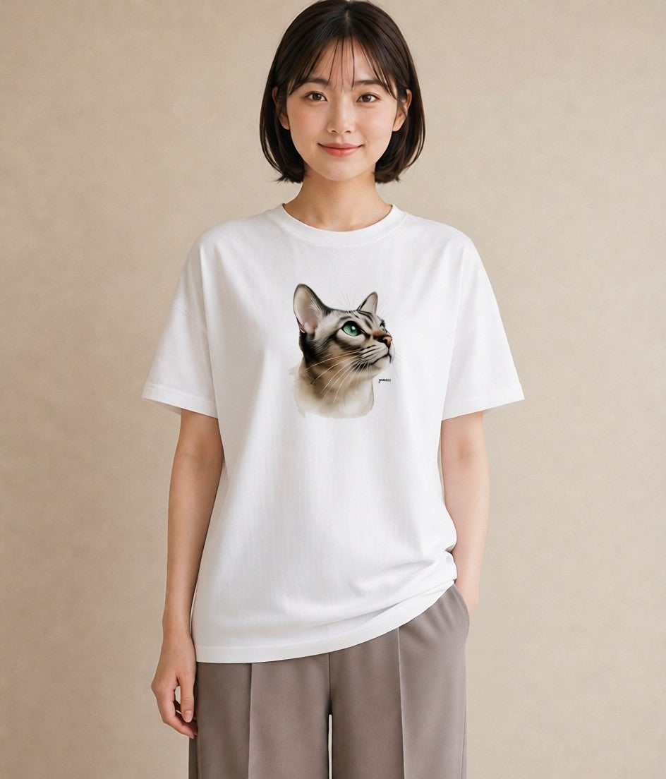 Tシャツ レディース キジトラ 猫 ねこ イラスト ヴィンテージ風 お出かけ 普段着 白T YMAZO