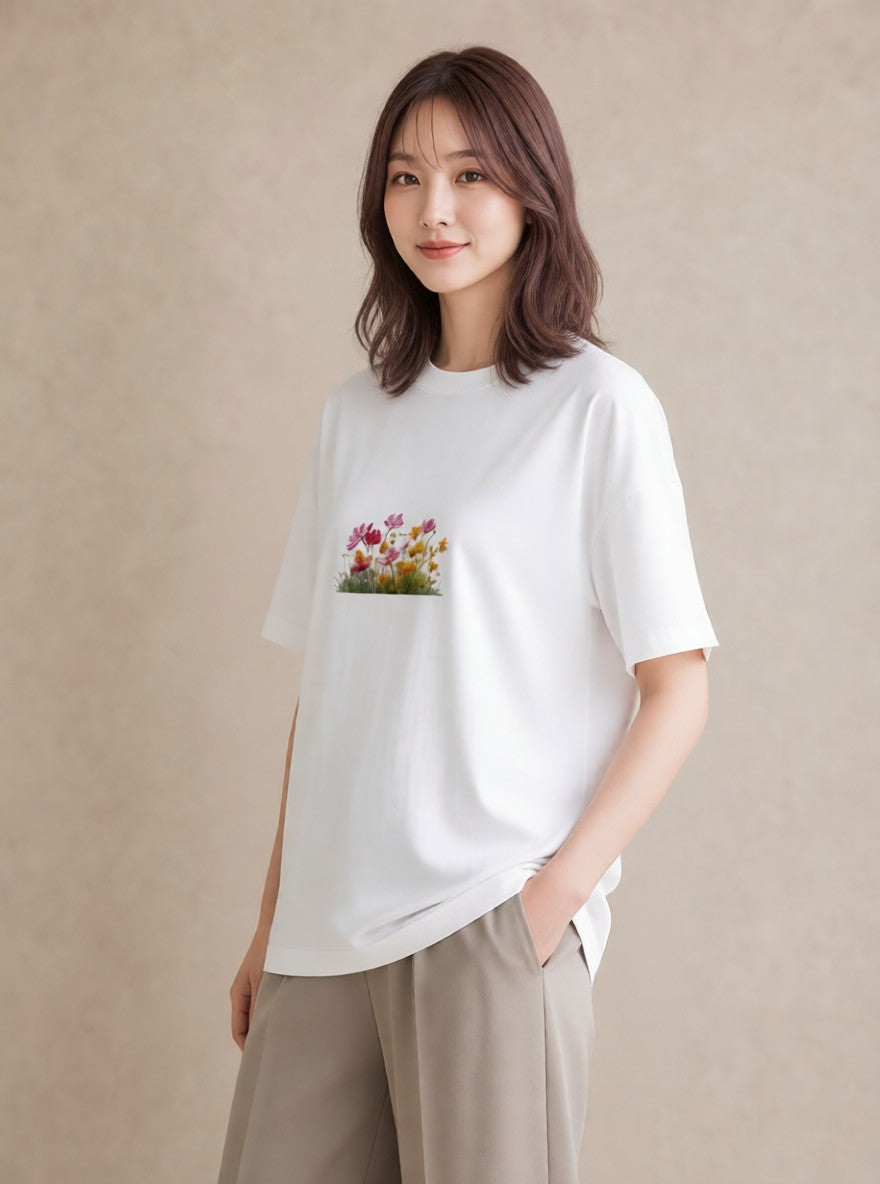 半袖Tシャツ レディース コスモス 秋桜 花 花柄 イラスト ゆるコーデ 夏コーデ 通学 白T YMAZO