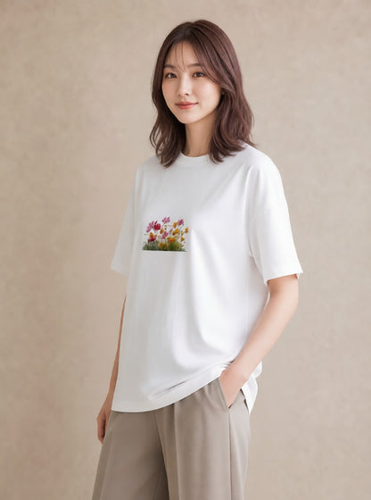 半袖Tシャツ レディース コスモス 秋桜 花 花柄 イラスト ゆるコーデ 夏コーデ 通学 白T YMAZO