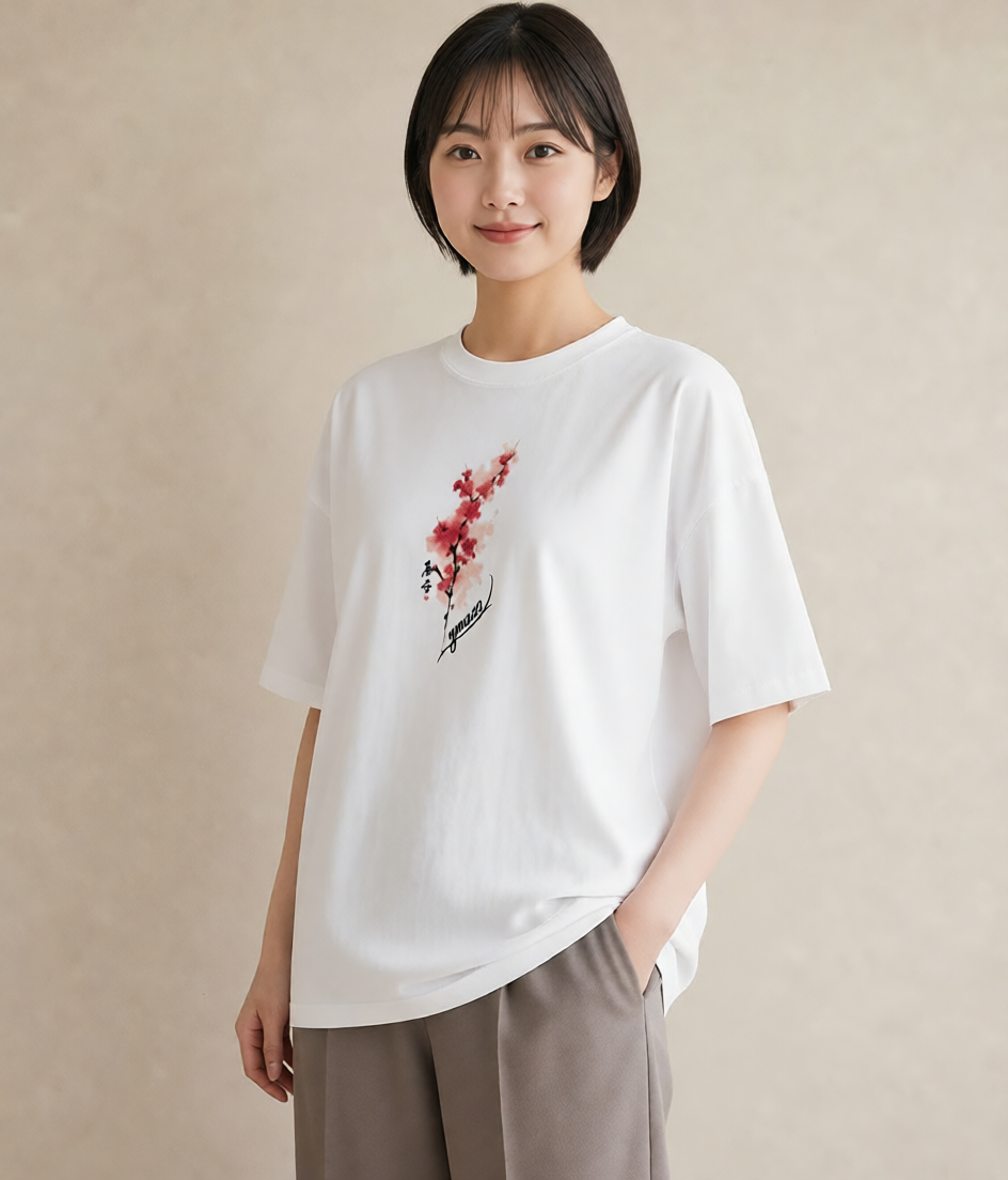 デザインTシャツ レディース 梅 花 花柄 イラスト ナチュラル ビーチ デイリーウェア 白T YMAZO