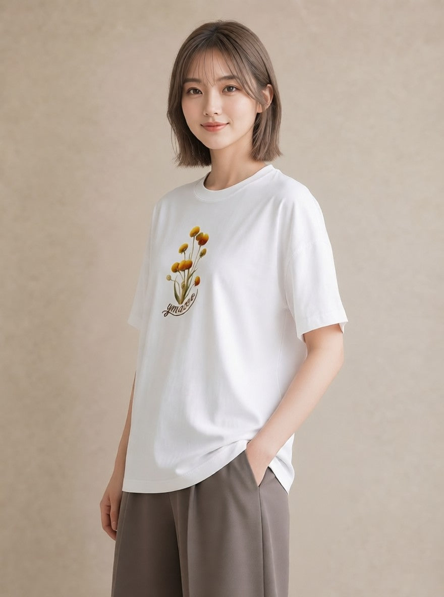 デザインTシャツ レディース ミモザ 花 花柄 イラスト 韓国風 公園 ママ 白T