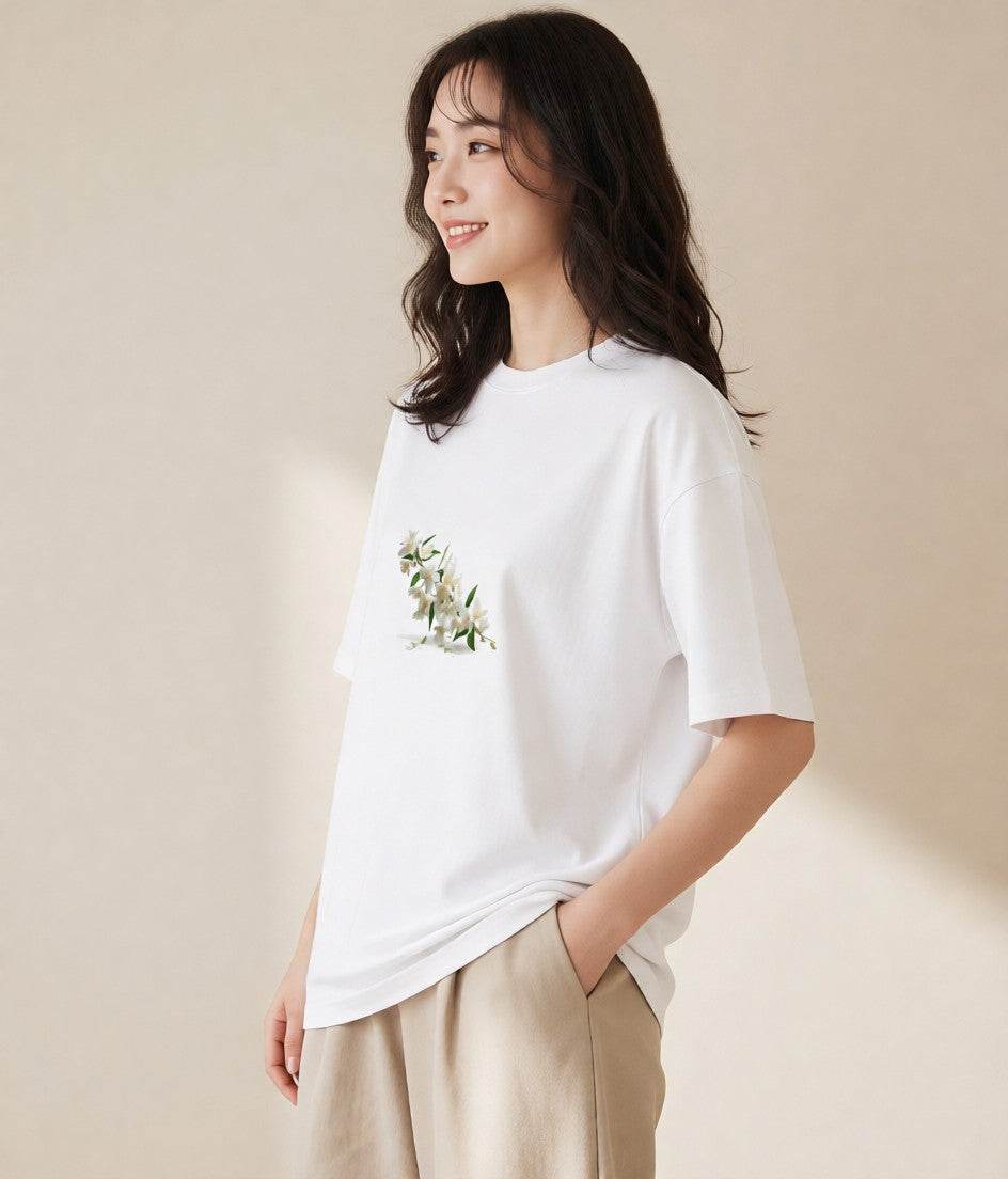 Tシャツ レディース 金木犀 花 花柄 イラスト ニュアンス 敬老の日 ホワイトデー 白T YMAZO