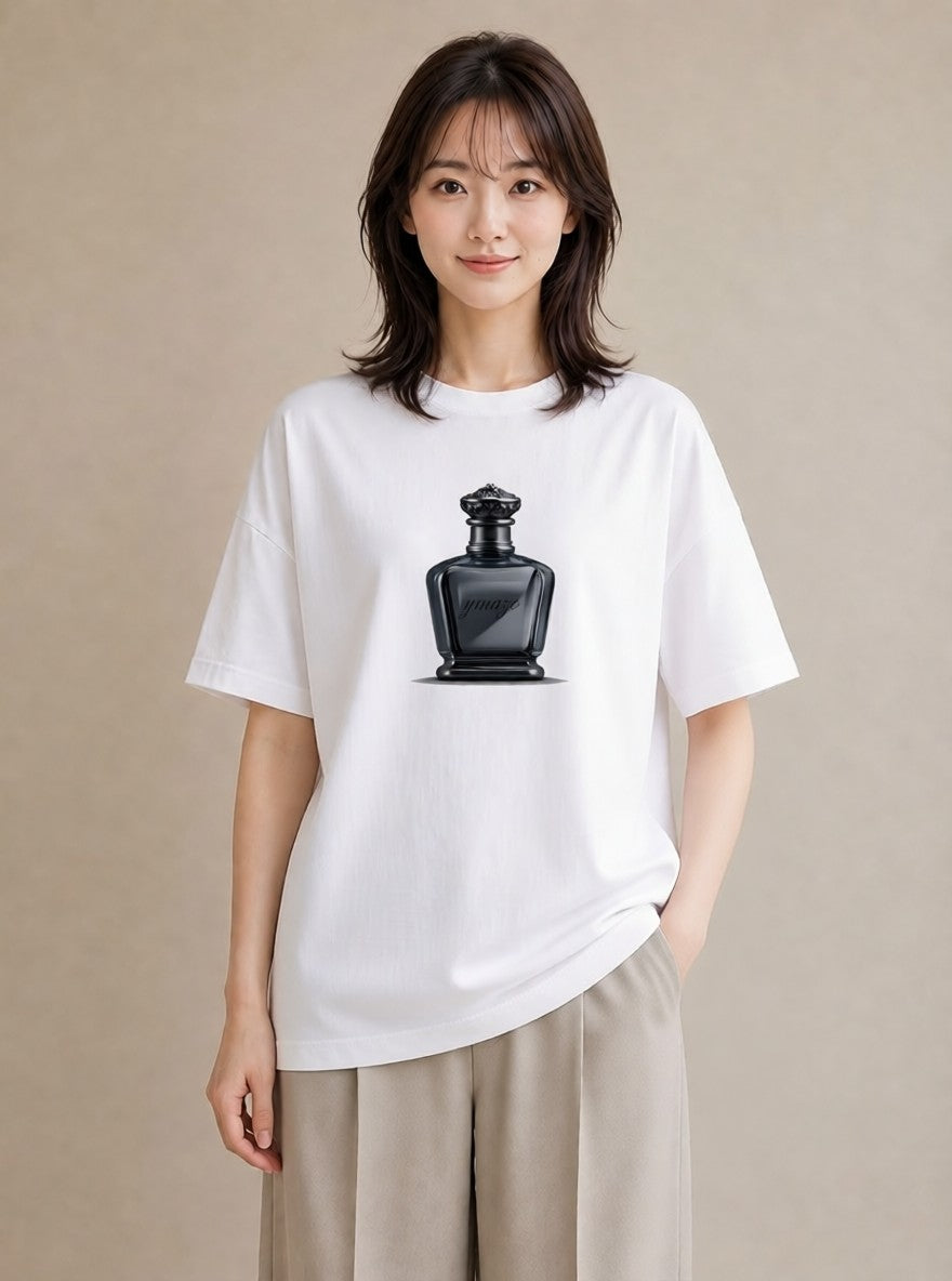 プリントTシャツ レディース 香水 香水瓶 パフューム イラスト 線画 カジュアルコーデ 買い物 白T YMAZO