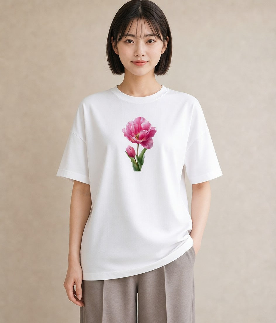 デザインTシャツ レディース チューリップ 花 花柄 イラスト 水彩風 カフェ服 クリスマス 白T YMAZO