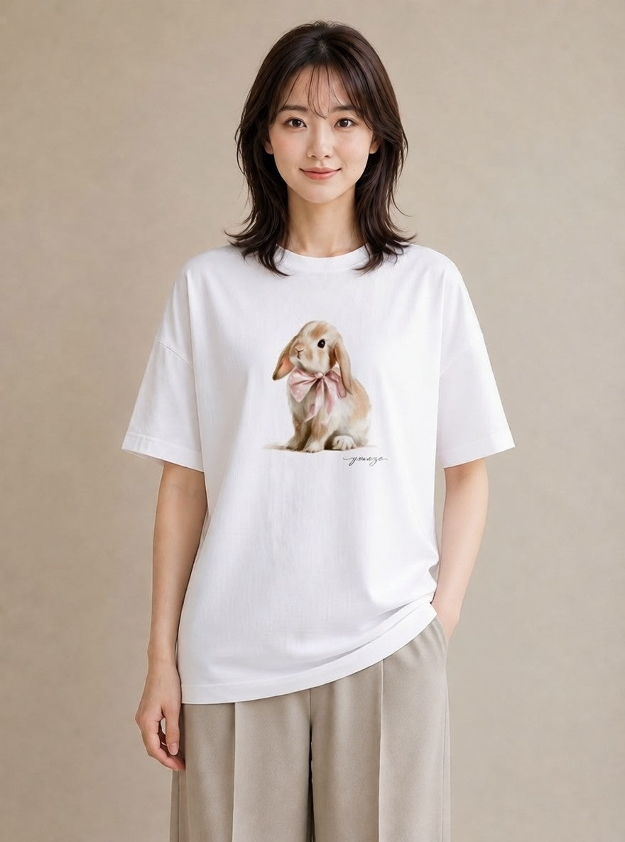 Tシャツ レディース ミニうさぎ ペット 動物 イラスト 普段使い 敬老の日 ホワイトデー 白T YMAZO