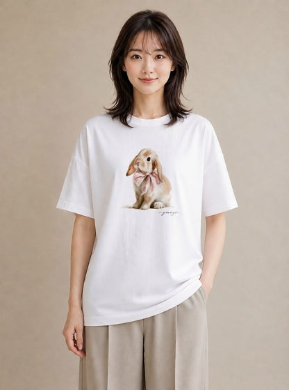 Tシャツ レディース ミニうさぎ ペット 動物 イラスト 普段使い 敬老の日 ホワイトデー 白T YMAZO