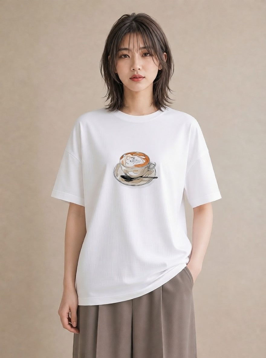 半袖Tシャツ レディース コーヒー 珈琲 カフェ 食べ物 フード イラスト ヴィンテージ風 週末コーデ 敬老の日 白T YMAZO
