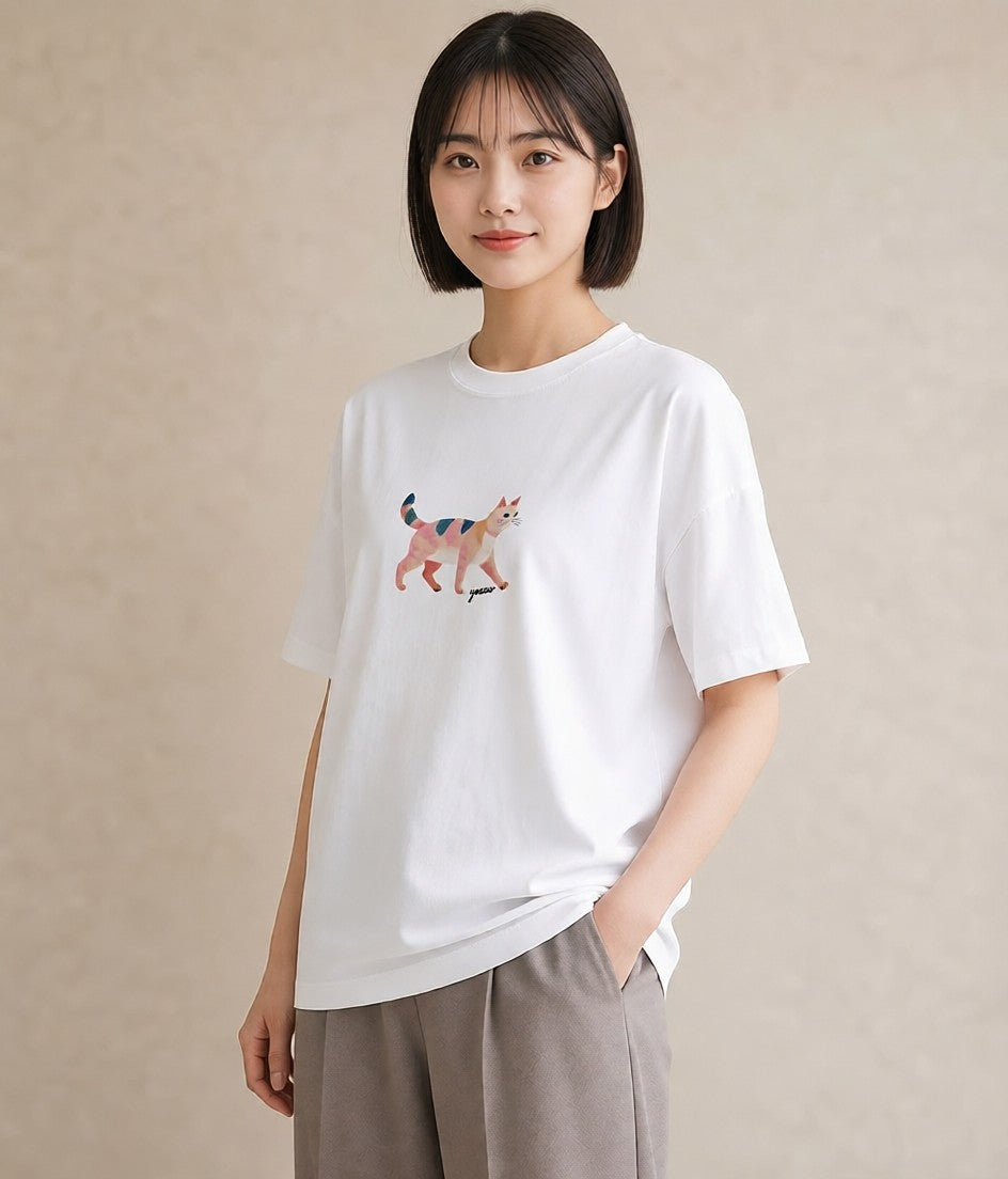 半袖Tシャツ レディース アメリカンショートヘア 猫 ねこ イラスト ヴィンテージ風 送別ギフト 通勤 白T YMAZO