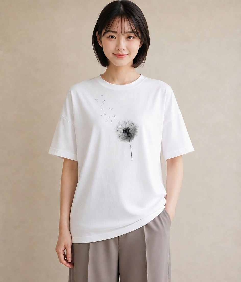 Tシャツ レディース たんぽぽ 花 花柄 イラスト ユニーク カフェ巡り 女子会 白T