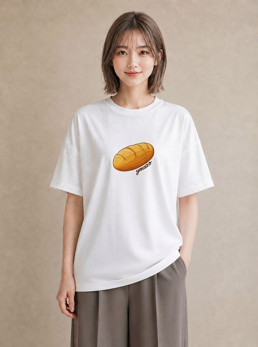 プリントTシャツ レディース パン 食べ物 フード イラスト 淡色 買い物 夏コーデ 白T YMAZO