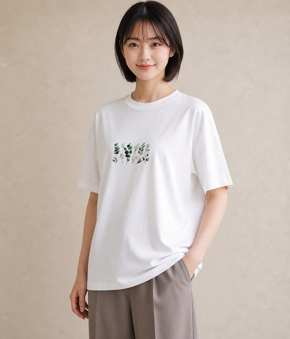 デザインTシャツ レディース ユーカリ 植物 ボタニカル イラスト 淡色 綿100 デート 白T YMAZO