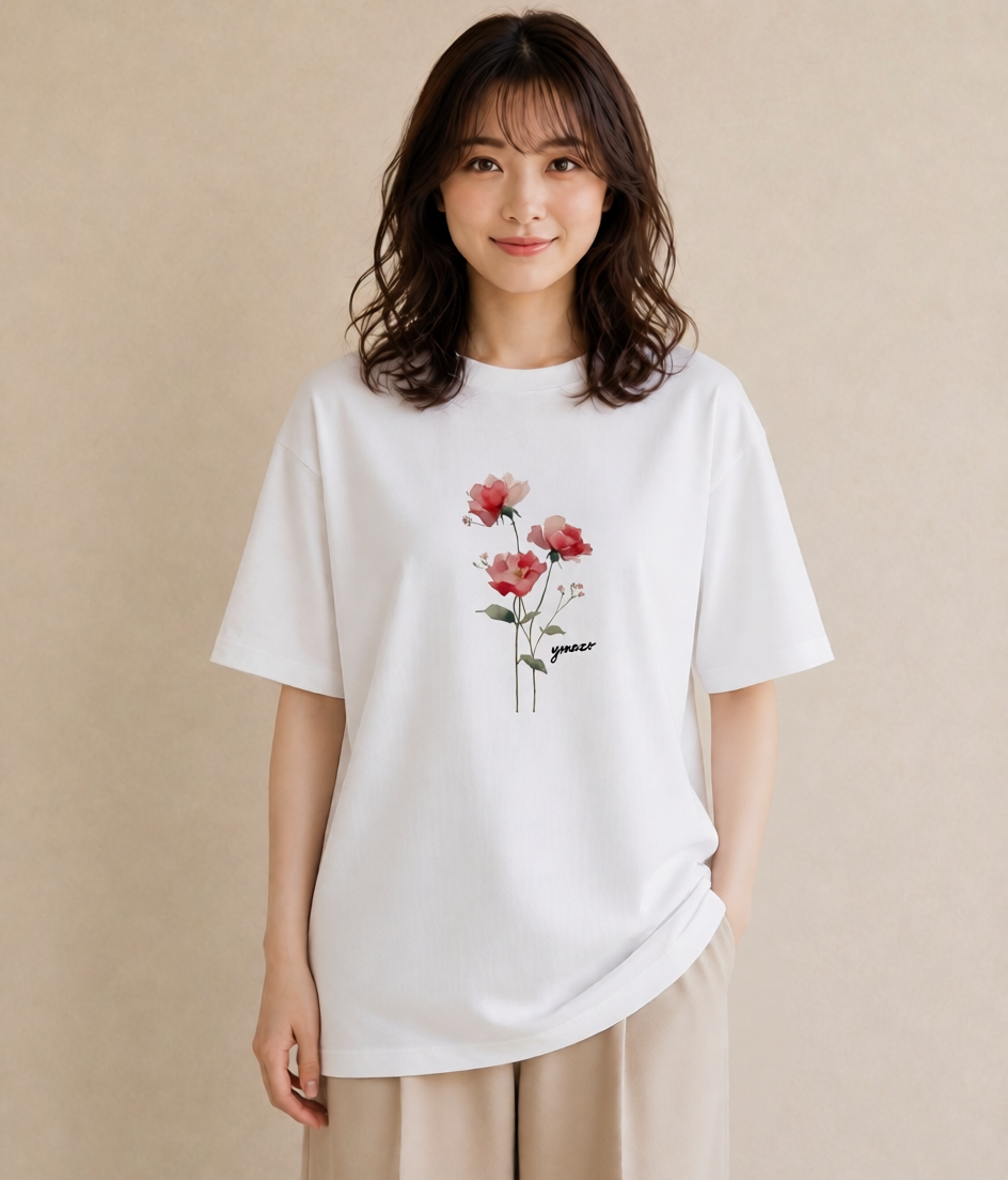 プリントTシャツ レディース バラ 薔薇 ローズ 花 花柄 イラスト ガーリー 女子会 お揃い 白T YMAZO