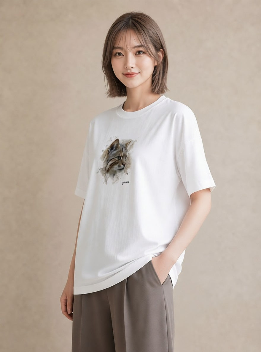 グラフィックTシャツ レディース ぶち猫 猫 ねこ イラスト アート風 クリスマス 旅行 白T YMAZO