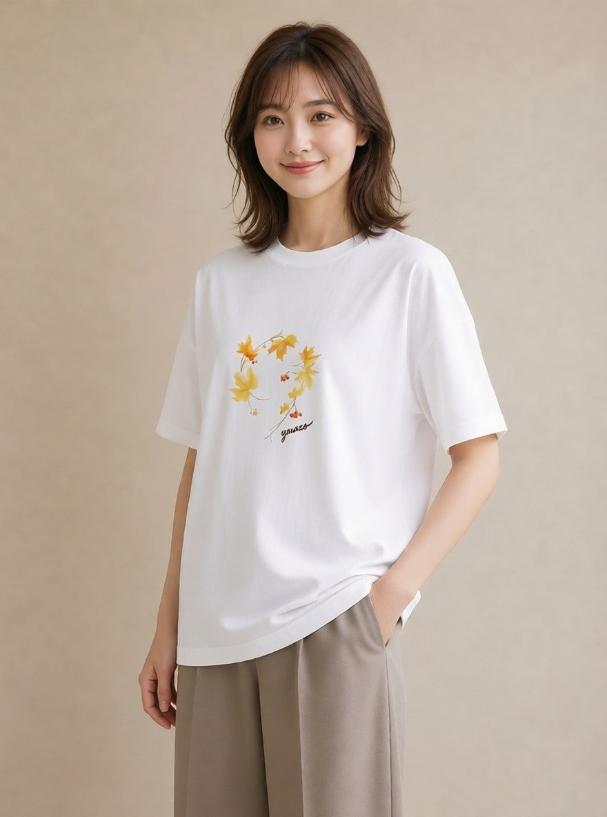 半袖Tシャツ レディース 落ち葉 植物 ボタニカル イラスト ミニマル 20代 カジュアルコーデ 白T YMAZO