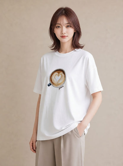 プリントTシャツ レディース カフェオレ 食べ物 フード イラスト 手描き風 帰省 ラフ 白T YMAZO