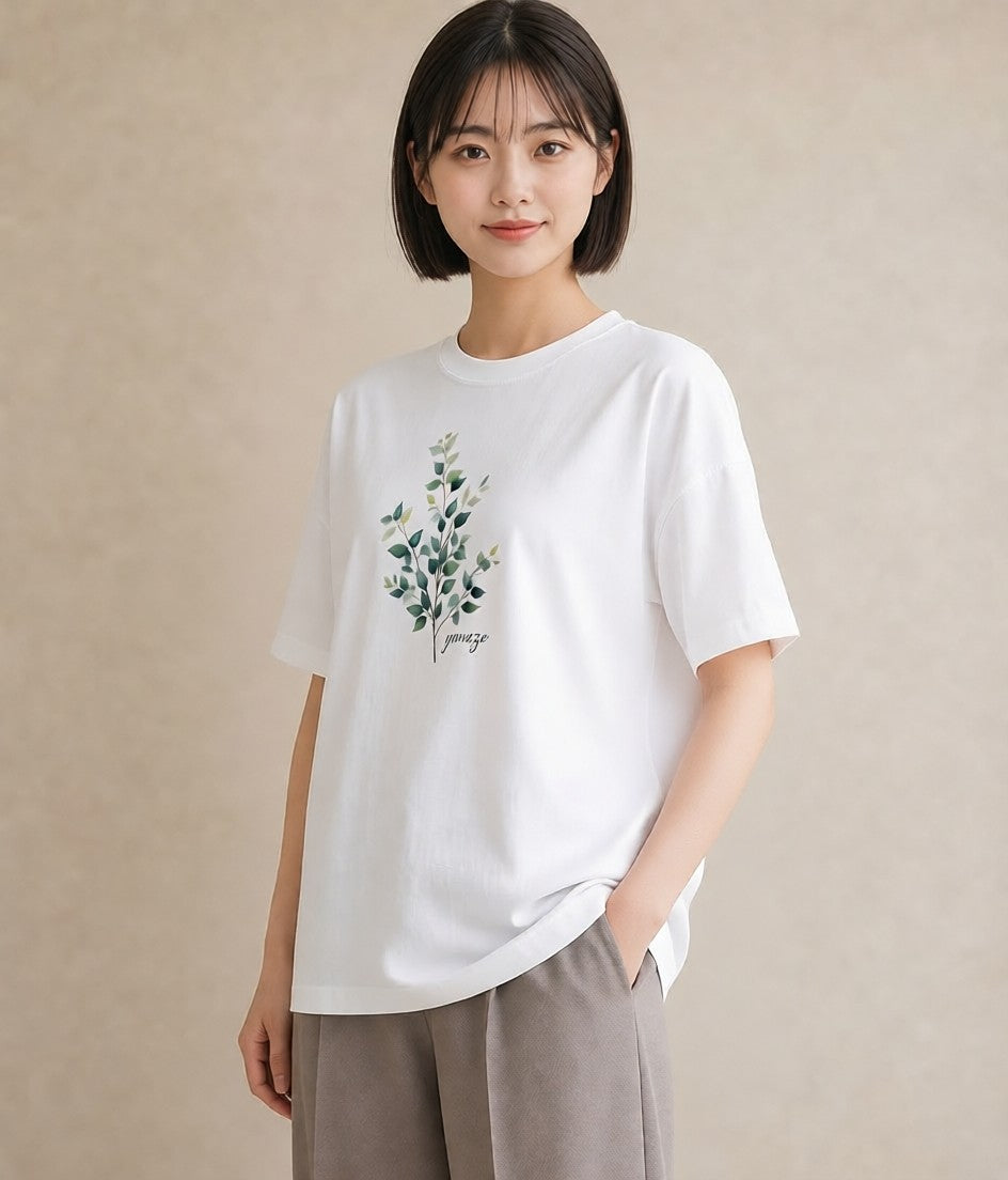 デザインTシャツ レディース 葉っぱ 植物 ボタニカル イラスト ニュアンス ビーチ デイリーウェア 白T YMAZO