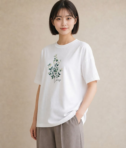 デザインTシャツ レディース 葉っぱ 植物 ボタニカル イラスト ニュアンス ビーチ デイリーウェア 白T YMAZO