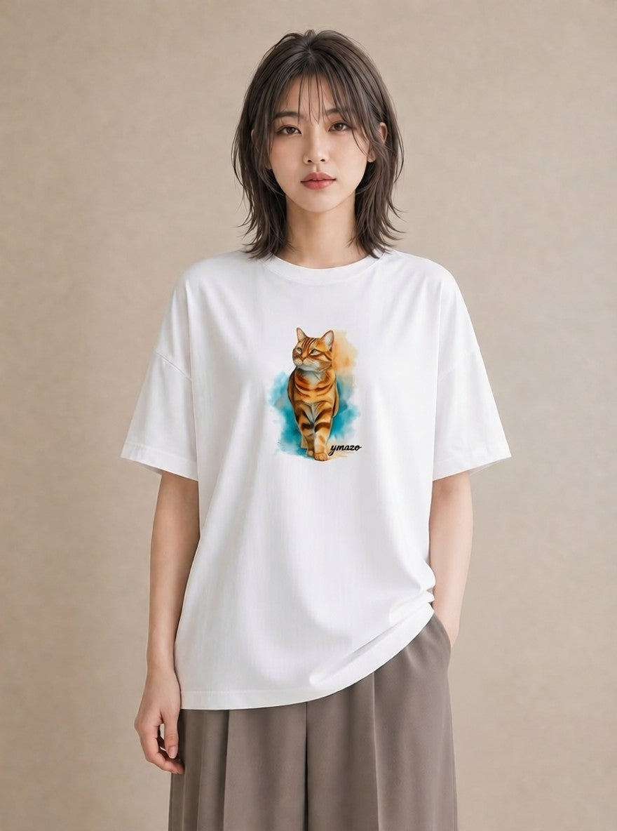 半袖Tシャツ レディース スフィンクス 猫 ねこ イラスト ポップ 春服 ミセス 白T YMAZO