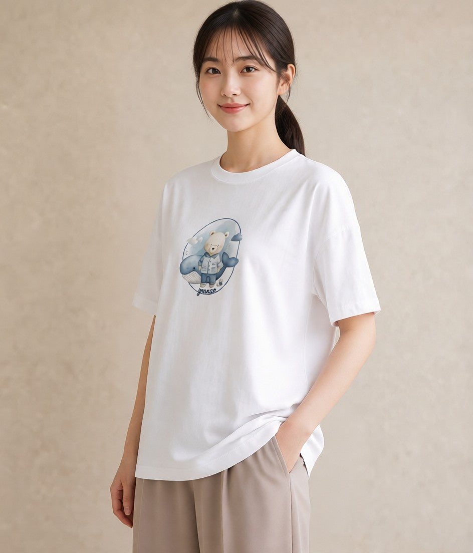 Tシャツ レディース クジラ 海の生き物 海 イラスト 韓国風 綿100 デート 白T YMAZO