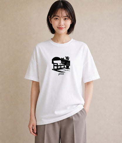 デザインTシャツ レディース 雨上がりのベンチ ベンチ ナチュラル アンティーク イラスト ラフ 公園 ママ 白T YMAZO