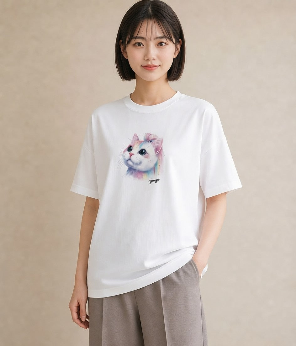 プリントTシャツ レディース ニャンコ 猫 ねこ イラスト お洒落 買い物 夏コーデ 白T YMAZO