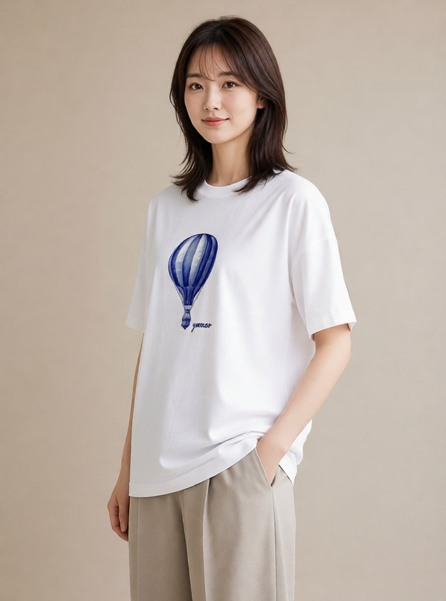 デザインTシャツ レディース 気球 星空 宇宙 イラスト きれいめカジュアル 公園 ママ 白T YMAZO