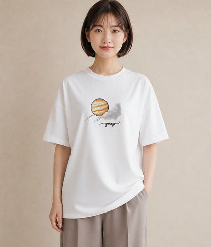グラフィックTシャツ レディース プラネット 星空 宇宙 イラスト 線画 女性向けギフト 散歩 白T YMAZO
