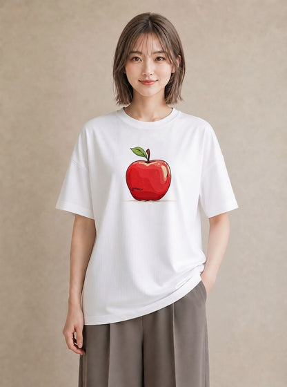 半袖Tシャツ レディース りんご 林檎 アップル 食べ物 フード イラスト きれいめ 夏コーデ 通学 白T YMAZO