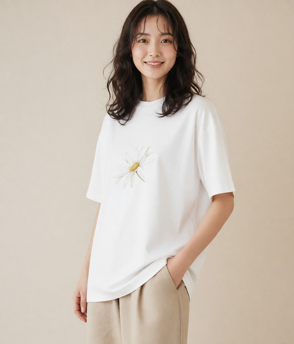 プリントTシャツ レディース デイジー 花 花柄 イラスト 水彩風 女性向けギフト 散歩 白T