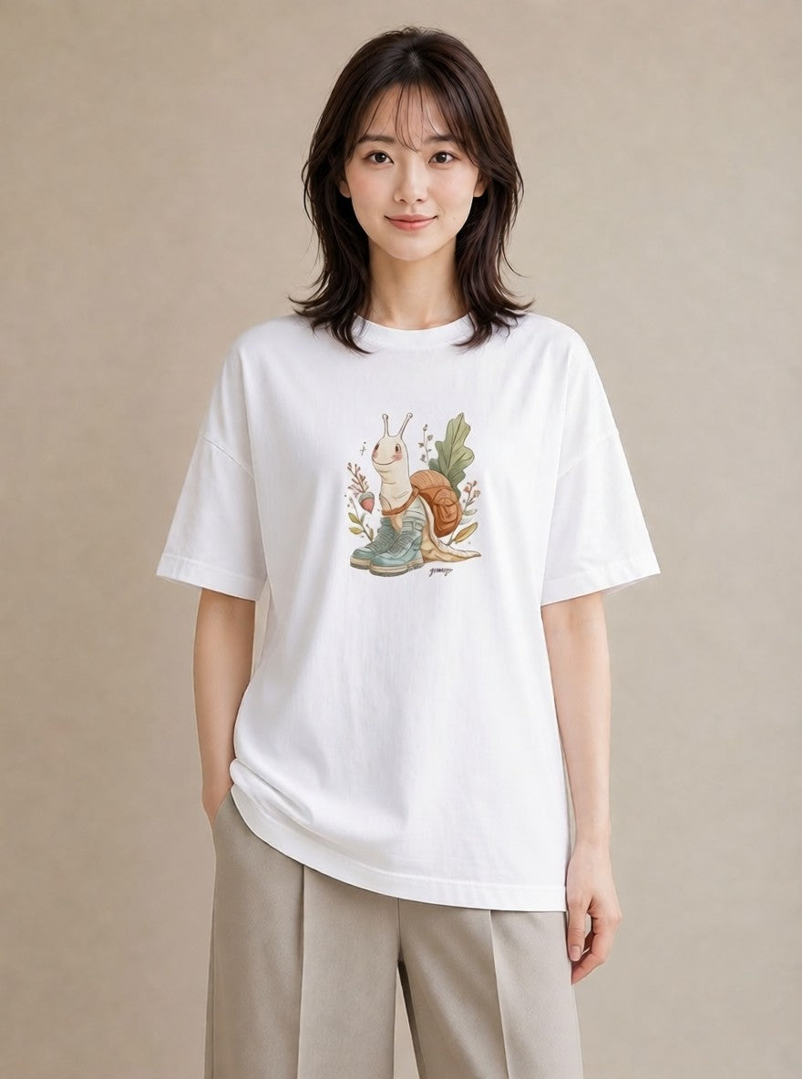 プリントTシャツ レディース かたつむり 昆虫 虫 イラスト ヴィンテージ風 綿100 デート 白T YMAZO