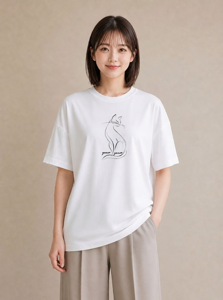 デザインTシャツ レディース 猫 ねこ ネコ イラスト 旅行コーデ 散歩 お出かけ 白T YMAZO
