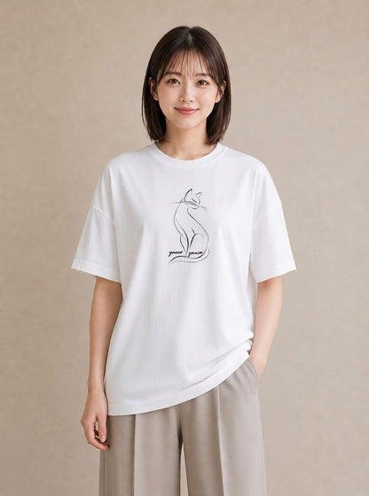 デザインTシャツ レディース 猫 ねこ ネコ イラスト 旅行コーデ 散歩 お出かけ 白T YMAZO