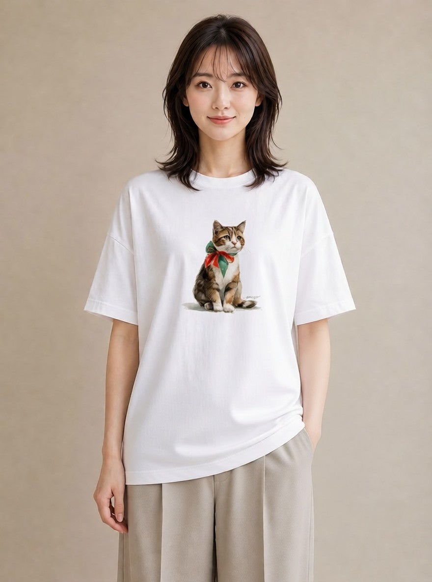 Tシャツ レディース ぶち猫 猫 ねこ イラスト モード お出かけ 普段着 白T YMAZO