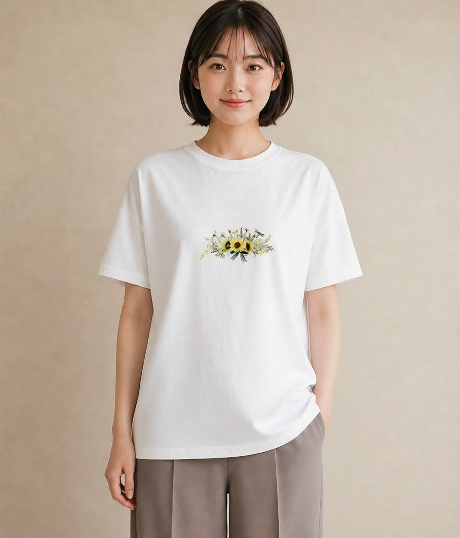Tシャツ レディース ひまわり 向日葵 花 花柄 イラスト 可愛い 公園 ママ 白T YMAZO