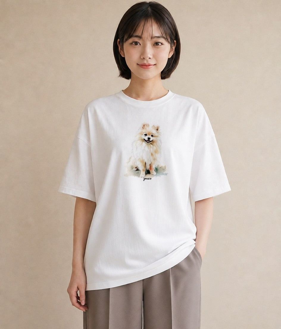 デザインTシャツ レディース ポメラニアン ポメ 犬 いぬ イラスト 韓国風 デイリーウェア 休日 白T YMAZO