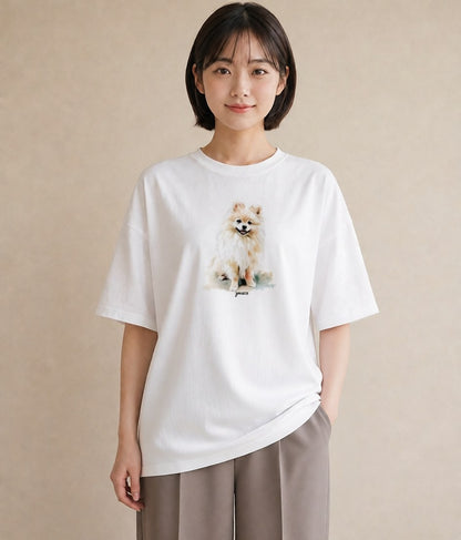 デザインTシャツ レディース ポメラニアン ポメ 犬 いぬ イラスト 韓国風 デイリーウェア 休日 白T YMAZO