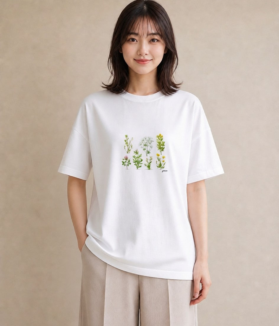 デザインTシャツ レディース ハーブ 植物 ボタニカル イラスト 可愛い 春服 ミセス 白T YMAZO