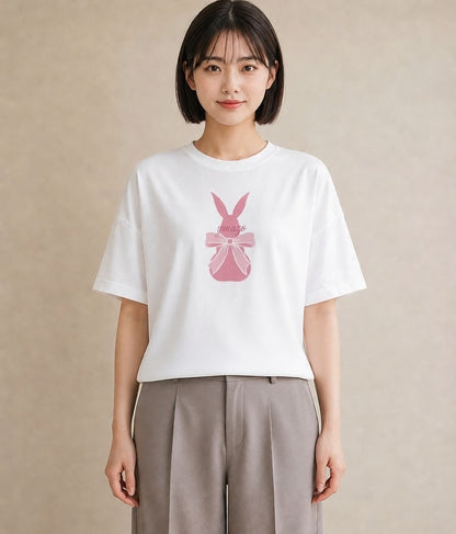 半袖Tシャツ レディース リボン 蝶結び ナチュラル アンティーク イラスト 水彩風 普段着 週末コーデ 白T YMAZO