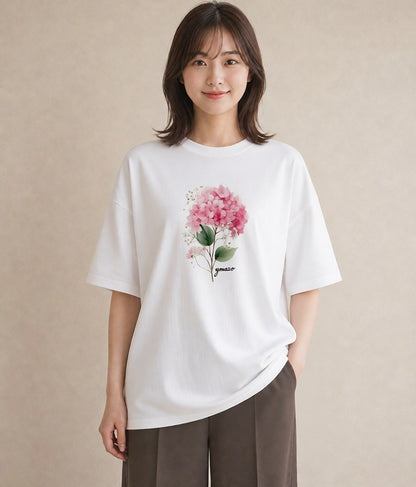 半袖Tシャツ レディース あじさい 紫陽花 アジサイ 花 花柄 イラスト シック 夏コーデ 通学 白T YMAZO