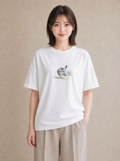 Tシャツ レディース 子猫 猫 ねこ イラスト 抜け感 散歩 お出かけ 白T YMAZO