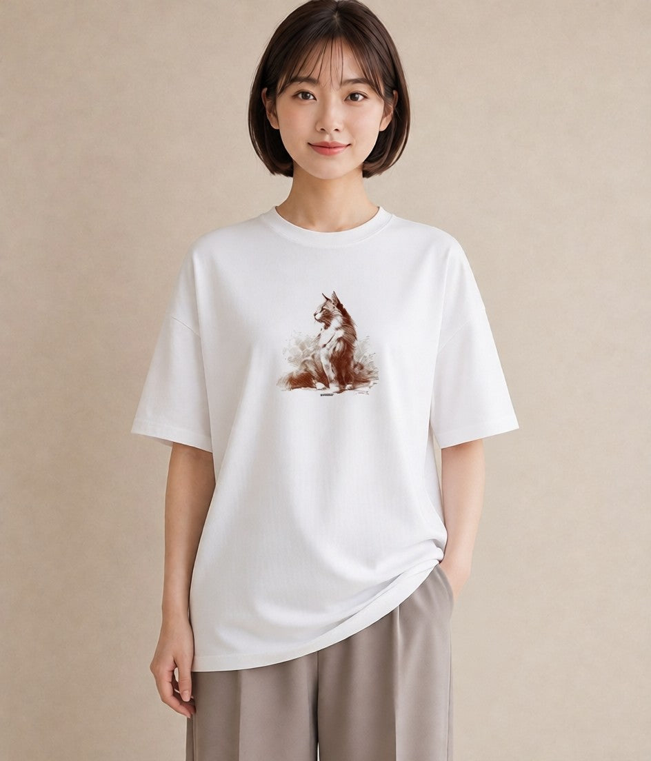 デザインTシャツ レディース 猫 ねこ イラスト 抜け感 通勤 在宅 白T YMAZO