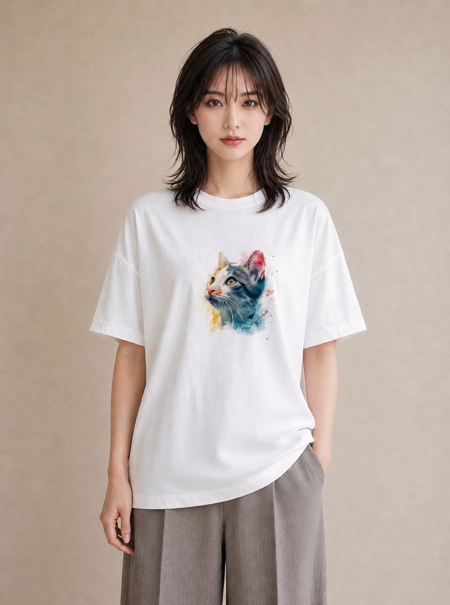 Tシャツ レディース ぶち猫 猫 ねこ イラスト 水彩風 お揃い 親子 白T YMAZO