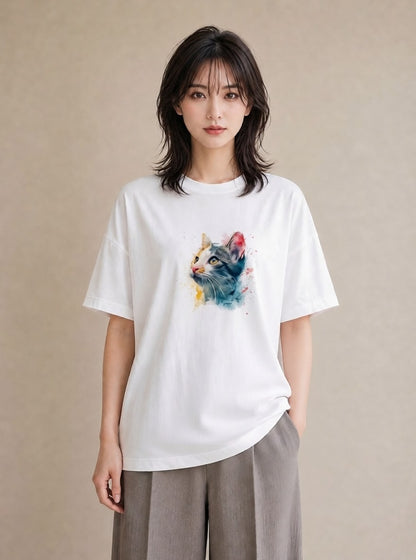 Tシャツ レディース ぶち猫 猫 ねこ イラスト 水彩風 お揃い 親子 白T YMAZO